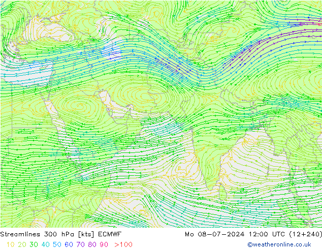Stroomlijn 300 hPa ECMWF ma 08.07.2024 12 UTC