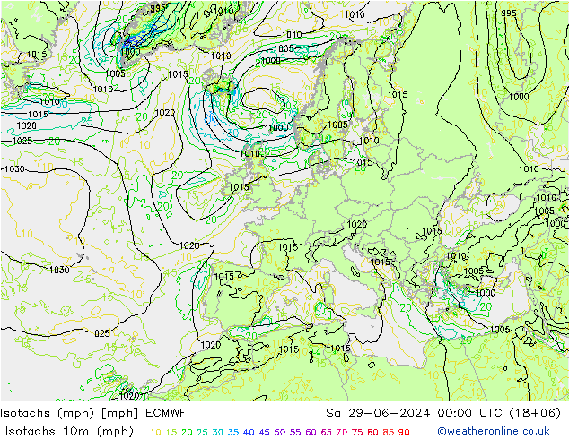 Isotachs (mph) ECMWF 星期六 29.06.2024 00 UTC