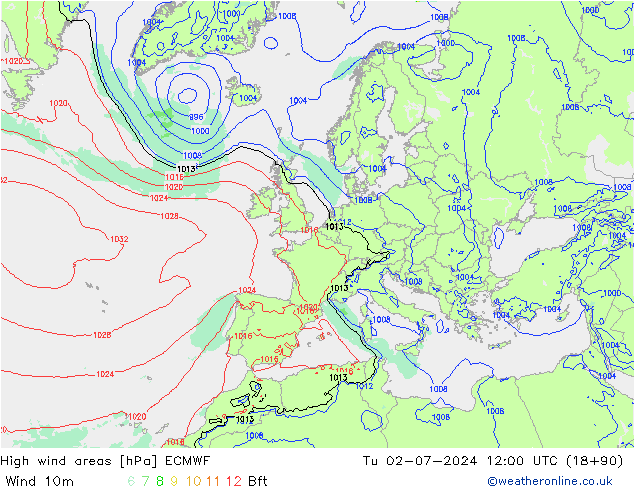 High wind areas ECMWF 星期二 02.07.2024 12 UTC