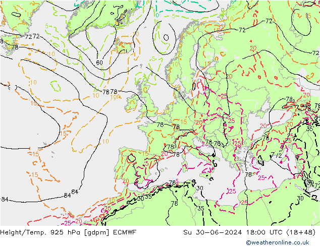 Hoogte/Temp. 925 hPa ECMWF zo 30.06.2024 18 UTC