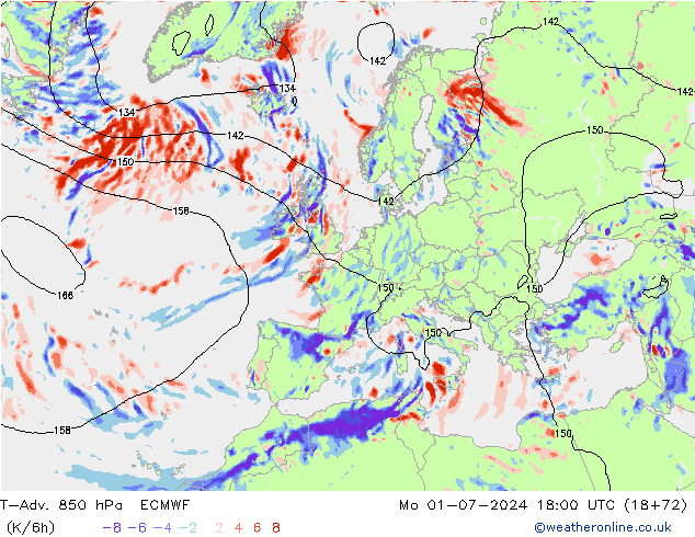 T-Adv. 850 hPa ECMWF 星期一 01.07.2024 18 UTC