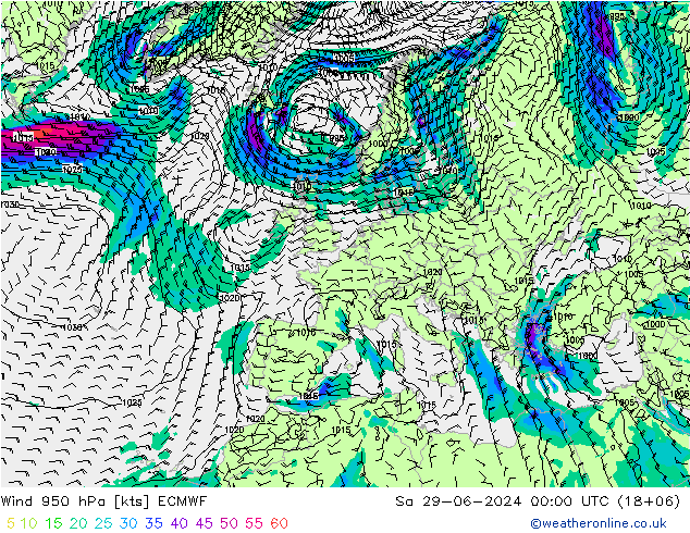 风 950 hPa ECMWF 星期六 29.06.2024 00 UTC