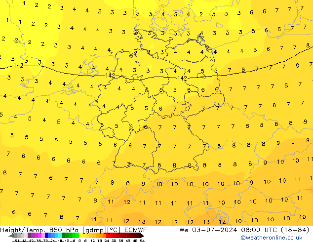 Hoogte/Temp. 850 hPa ECMWF wo 03.07.2024 06 UTC