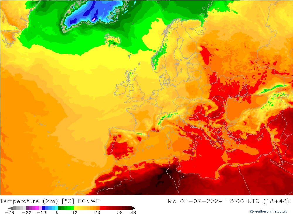 Temperatuurkaart (2m) ECMWF ma 01.07.2024 18 UTC