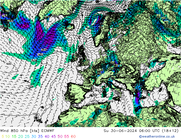 Wind 850 hPa ECMWF zo 30.06.2024 06 UTC