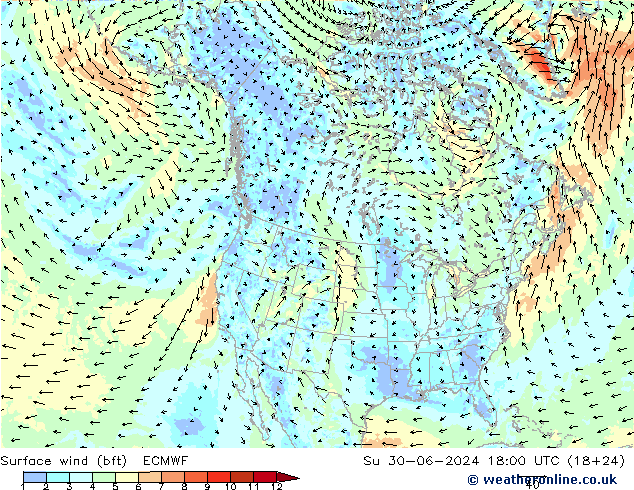 Wind 10 m (bft) ECMWF zo 30.06.2024 18 UTC
