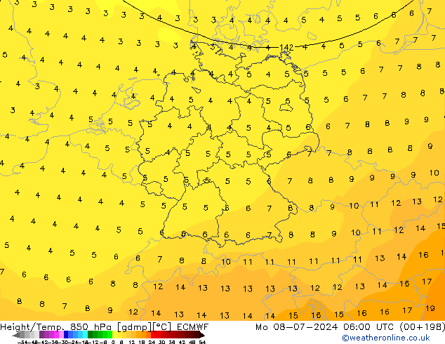 Hoogte/Temp. 850 hPa ECMWF ma 08.07.2024 06 UTC