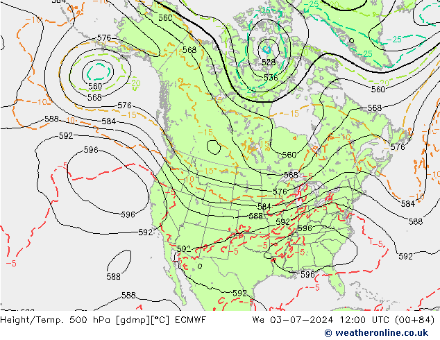 Hoogte/Temp. 500 hPa ECMWF wo 03.07.2024 12 UTC