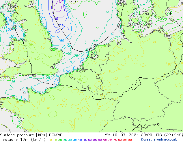 Isotachen (km/h) ECMWF wo 10.07.2024 00 UTC