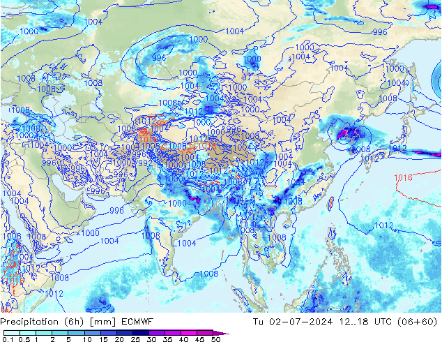 Totale neerslag (6h) ECMWF di 02.07.2024 18 UTC
