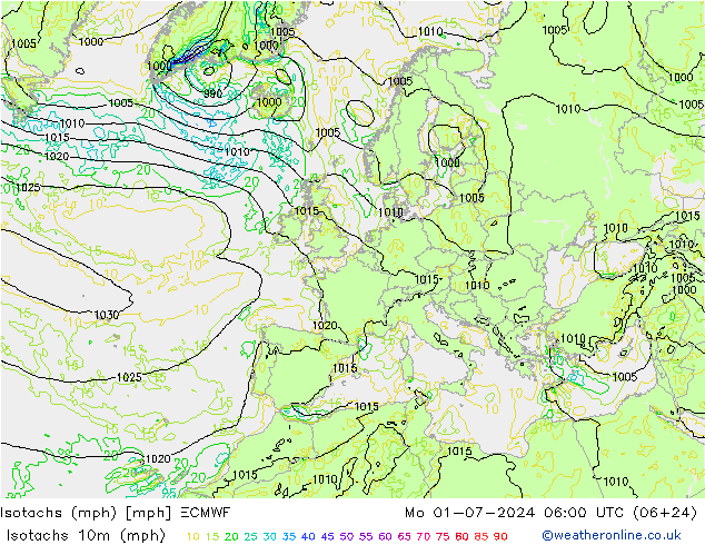 Isotachs (mph) ECMWF 星期一 01.07.2024 06 UTC