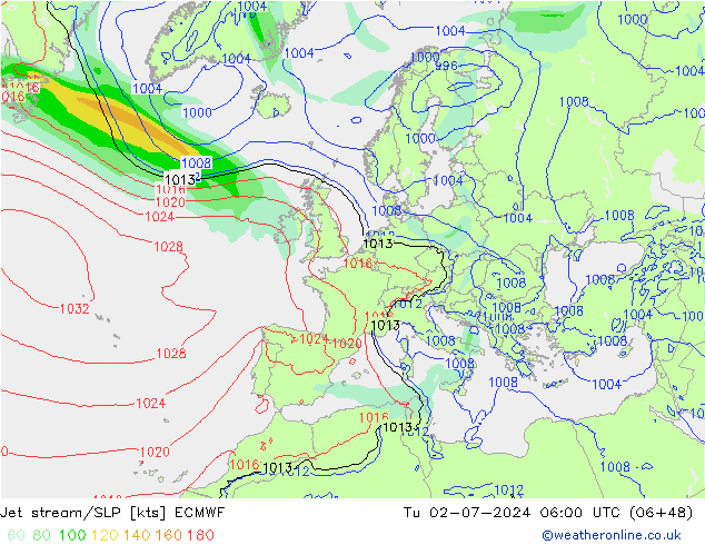 高速氣流/地面气压 ECMWF 星期二 02.07.2024 06 UTC