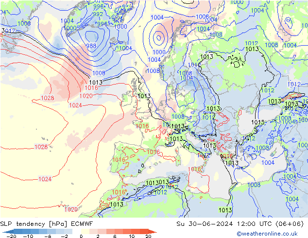 Druktendens (+/-) ECMWF zo 30.06.2024 12 UTC