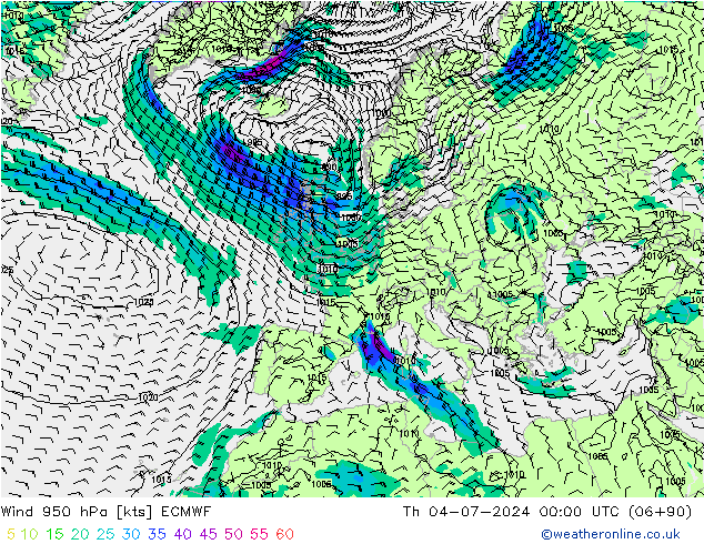风 950 hPa ECMWF 星期四 04.07.2024 00 UTC