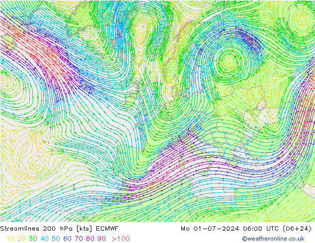 风 200 hPa ECMWF 星期一 01.07.2024 06 UTC