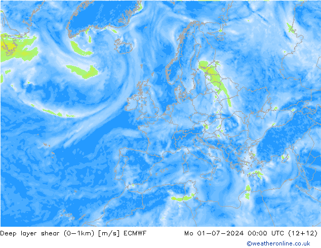 Deep layer shear (0-1km) ECMWF ma 01.07.2024 00 UTC