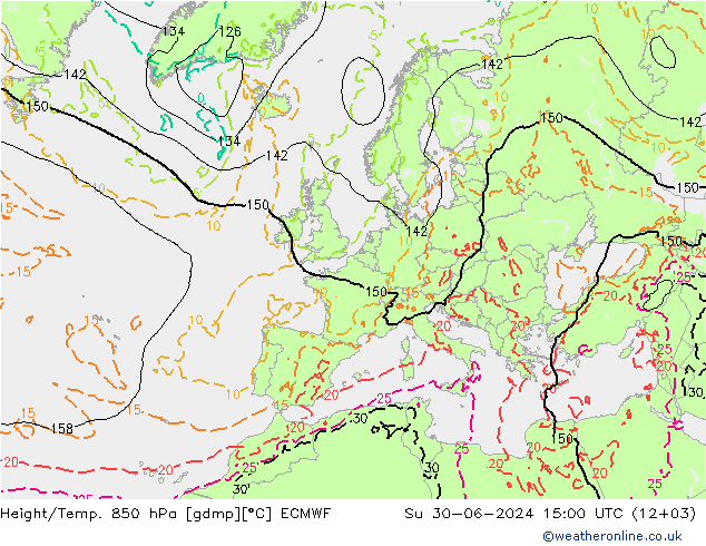 Hoogte/Temp. 850 hPa ECMWF zo 30.06.2024 15 UTC