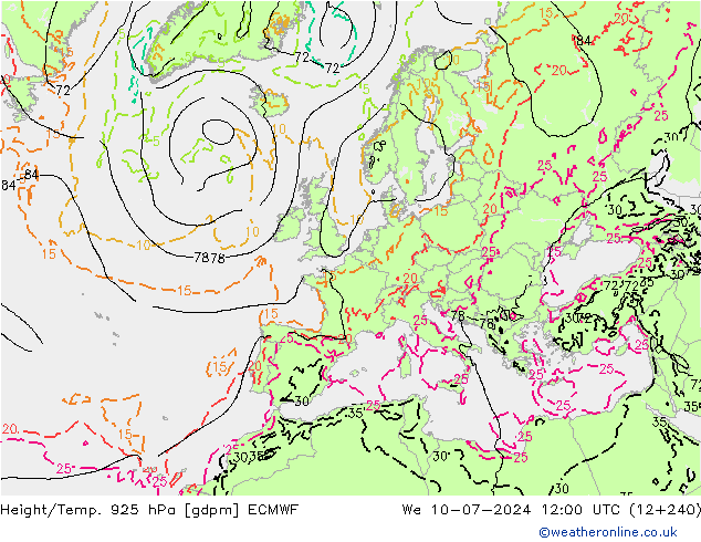 Hoogte/Temp. 925 hPa ECMWF wo 10.07.2024 12 UTC