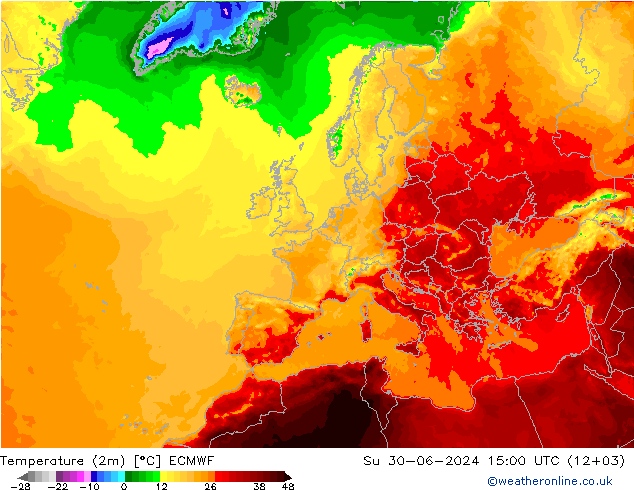 Temperatuurkaart (2m) ECMWF zo 30.06.2024 15 UTC