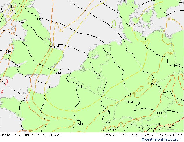 Theta-e 700hPa ECMWF 星期一 01.07.2024 12 UTC