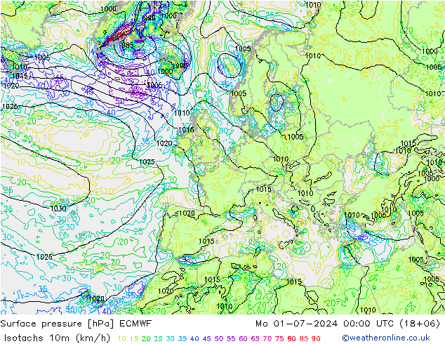 10米等风速线 (kph) ECMWF 星期一 01.07.2024 00 UTC