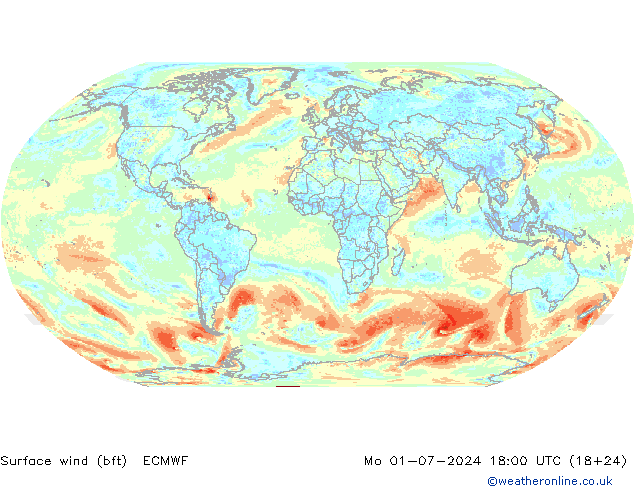 �N 10 米 (bft) ECMWF 星期一 01.07.2024 18 UTC
