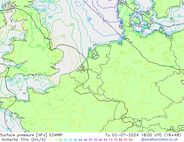 10米等风速线 (kph) ECMWF 星期二 02.07.2024 18 UTC