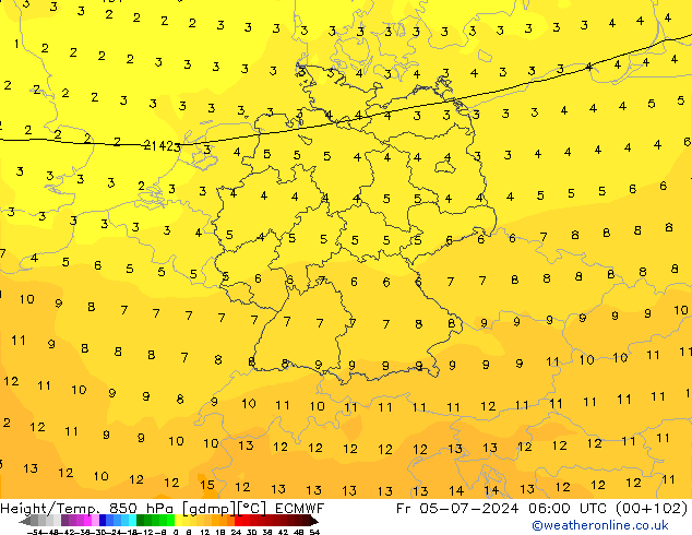 Hoogte/Temp. 850 hPa ECMWF vr 05.07.2024 06 UTC