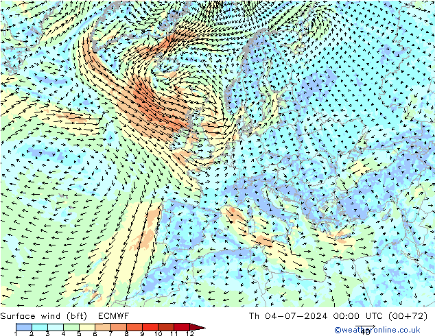 Wind 10 m (bft) ECMWF do 04.07.2024 00 UTC