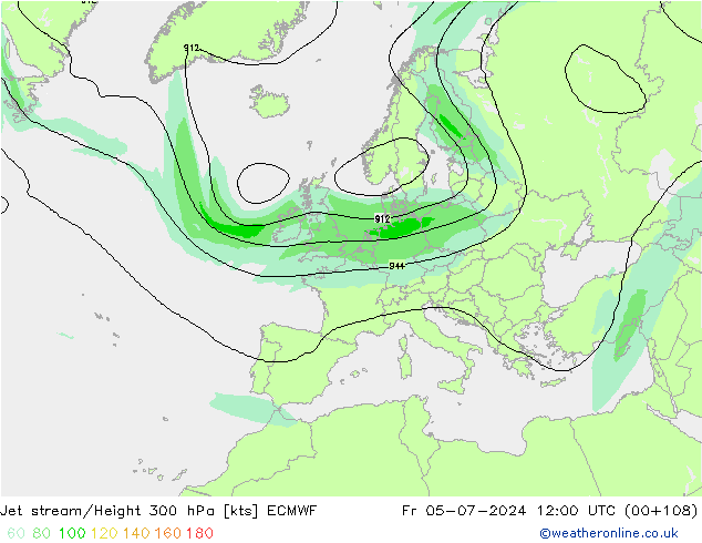 Straalstroom ECMWF vr 05.07.2024 12 UTC