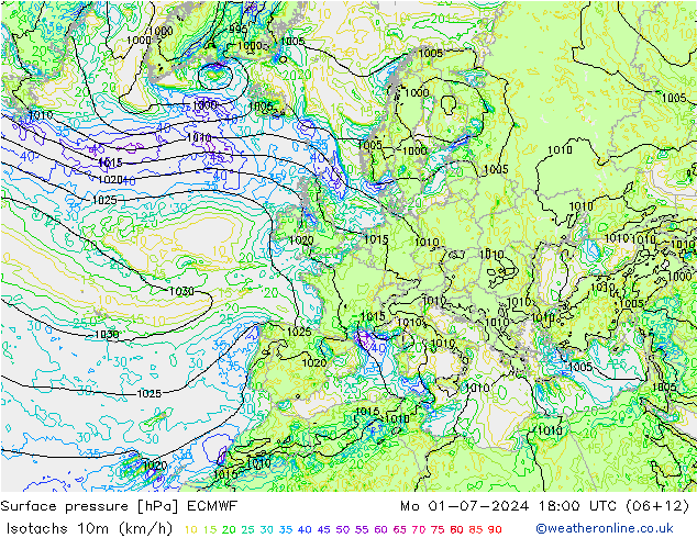 Isotachen (km/h) ECMWF ma 01.07.2024 18 UTC