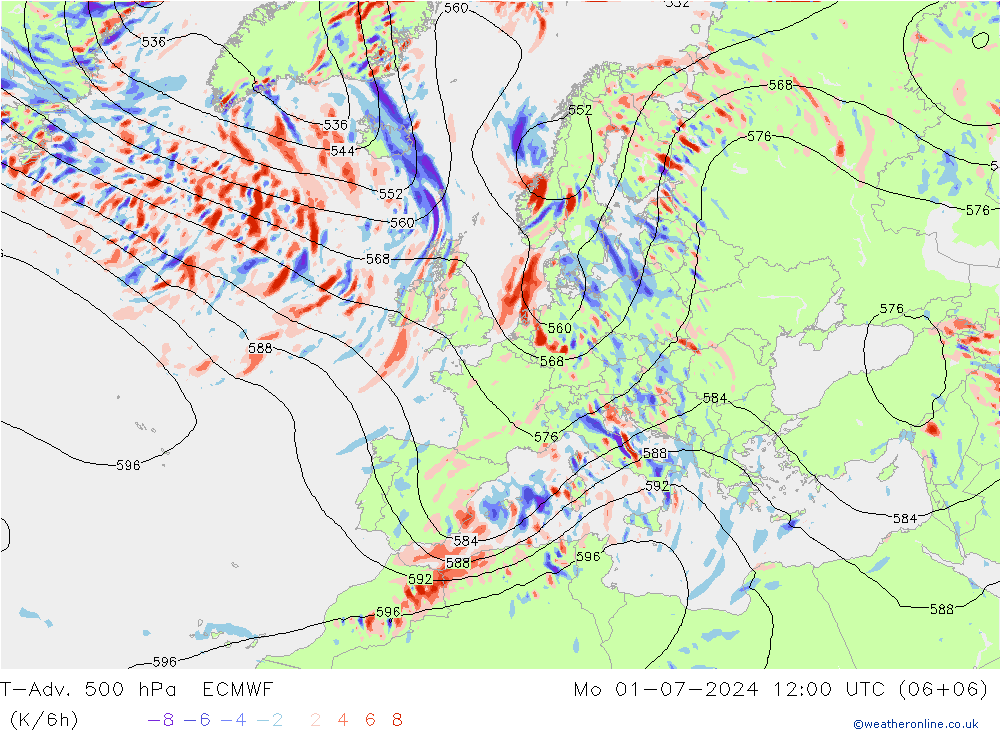 T-Adv. 500 hPa ECMWF 星期一 01.07.2024 12 UTC
