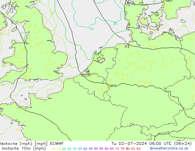 Isotachs (mph) ECMWF 星期二 02.07.2024 06 UTC