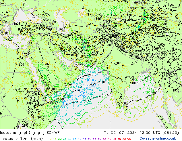 Isotachen (mph) ECMWF di 02.07.2024 12 UTC