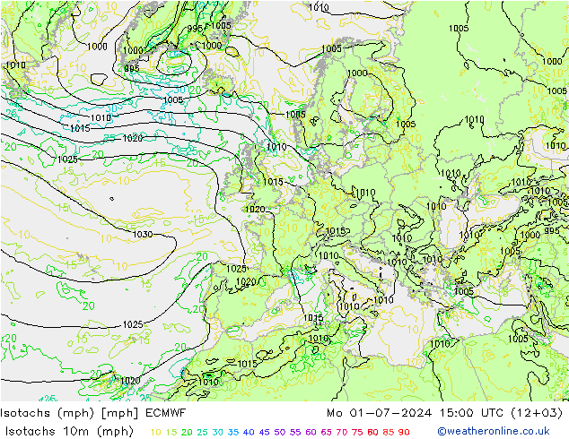 Isotachs (mph) ECMWF 星期一 01.07.2024 15 UTC