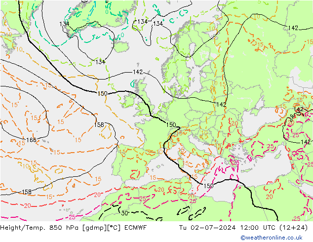 Z500/Rain (+SLP)/Z850 ECMWF 星期二 02.07.2024 12 UTC