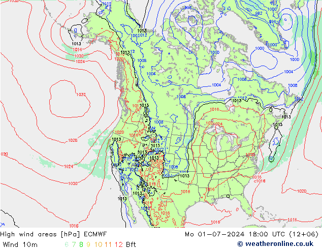 High wind areas ECMWF 星期一 01.07.2024 18 UTC