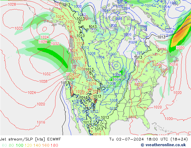 高速氣流/地面气压 ECMWF 星期二 02.07.2024 18 UTC