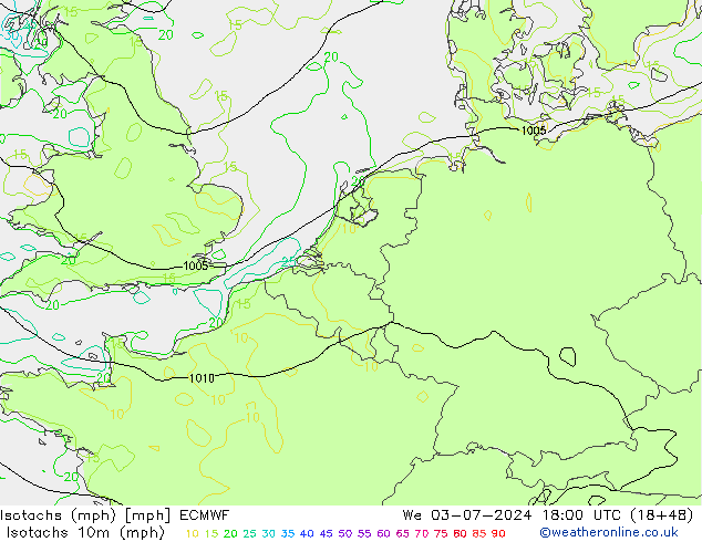 Isotachen (mph) ECMWF wo 03.07.2024 18 UTC