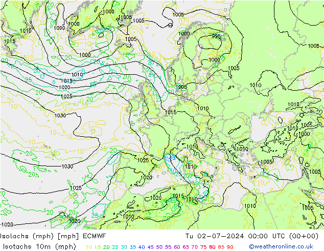 Isotachs (mph) ECMWF 星期二 02.07.2024 00 UTC