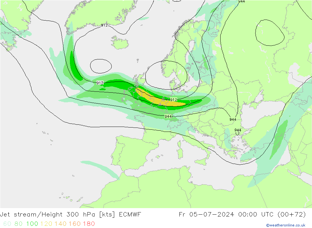 Straalstroom ECMWF vr 05.07.2024 00 UTC