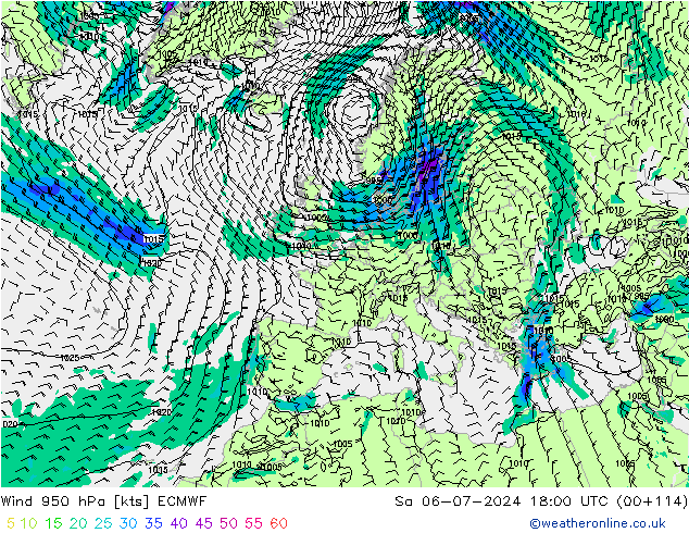 风 950 hPa ECMWF 星期六 06.07.2024 18 UTC