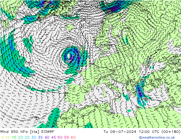 风 950 hPa ECMWF 星期二 09.07.2024 12 UTC