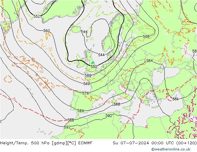 Z500/Rain (+SLP)/Z850 ECMWF 星期日 07.07.2024 00 UTC