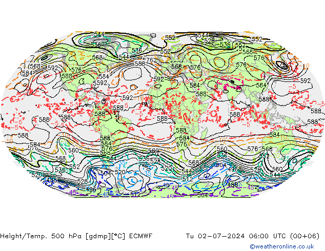 Z500/Rain (+SLP)/Z850 ECMWF 星期二 02.07.2024 06 UTC