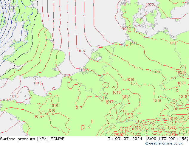 Luchtdruk (Grond) ECMWF di 09.07.2024 18 UTC