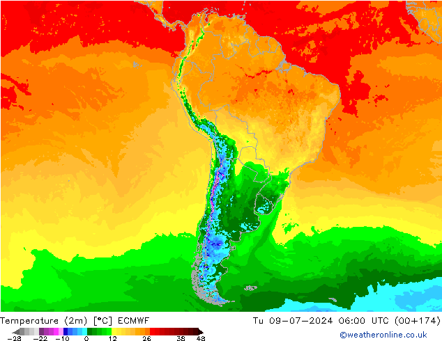 Temperatuurkaart (2m) ECMWF di 09.07.2024 06 UTC