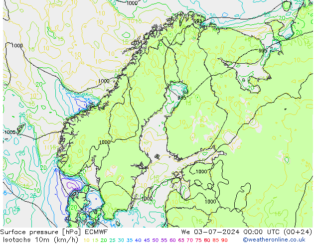 10米等风速线 (kph) ECMWF 星期三 03.07.2024 00 UTC