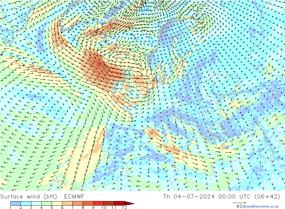 Wind 10 m (bft) ECMWF do 04.07.2024 00 UTC