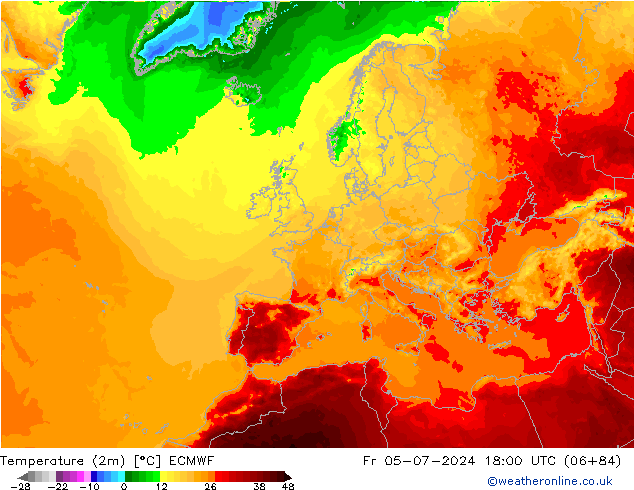 Temperatuurkaart (2m) ECMWF vr 05.07.2024 18 UTC
